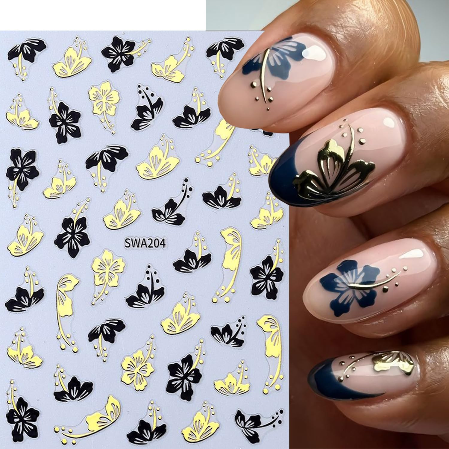 6 Sheets Flower Nail Art Stickers 3D Self -Adhesive Hibiscus Nail Decals Hologra