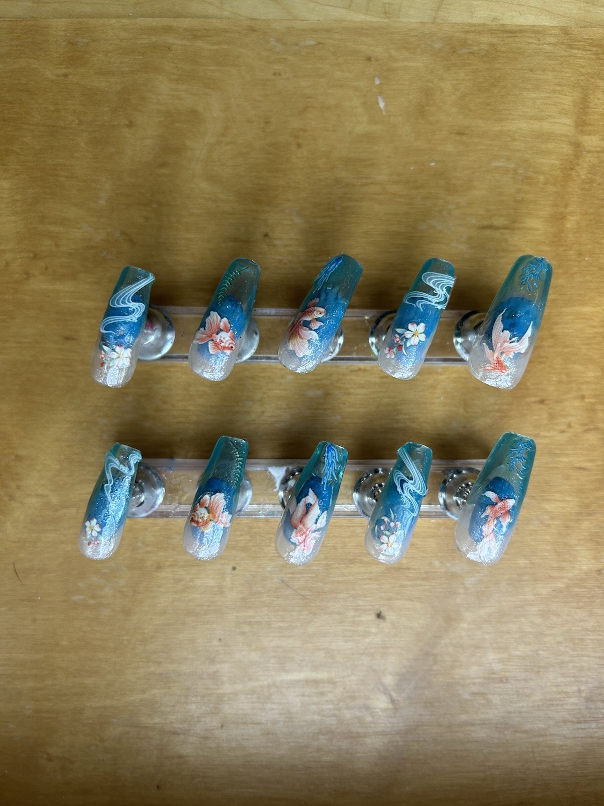 Z NAILZ! Handmade L Coffin Goldfish Scene Shiny Top Coat Press On Nails