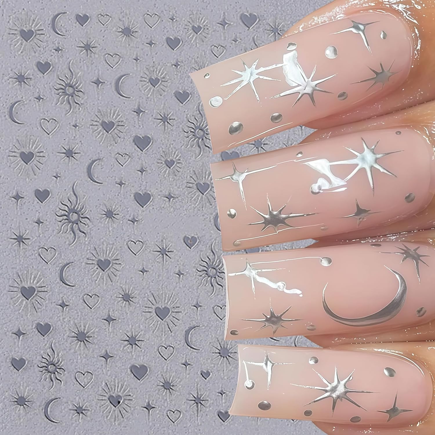 6 Sheets Gold Star Nail Stickers for Nail Art 3D Self Adhesive Moon Heart Nail A