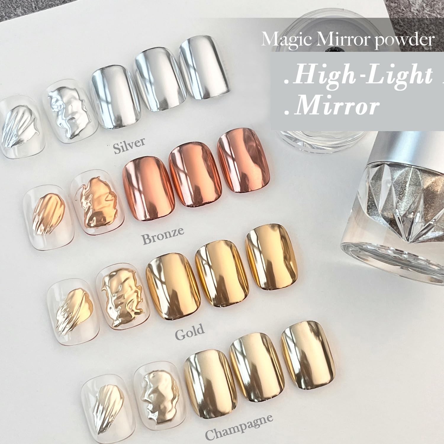 Chrome Nail Powder – Silver Mirror Effect Nail Chrome Powders, Highlight Meta…