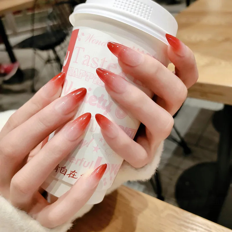 Sweet Gradient Pink Fake Nails Round Head Korean Style Press On Nails 24pcs