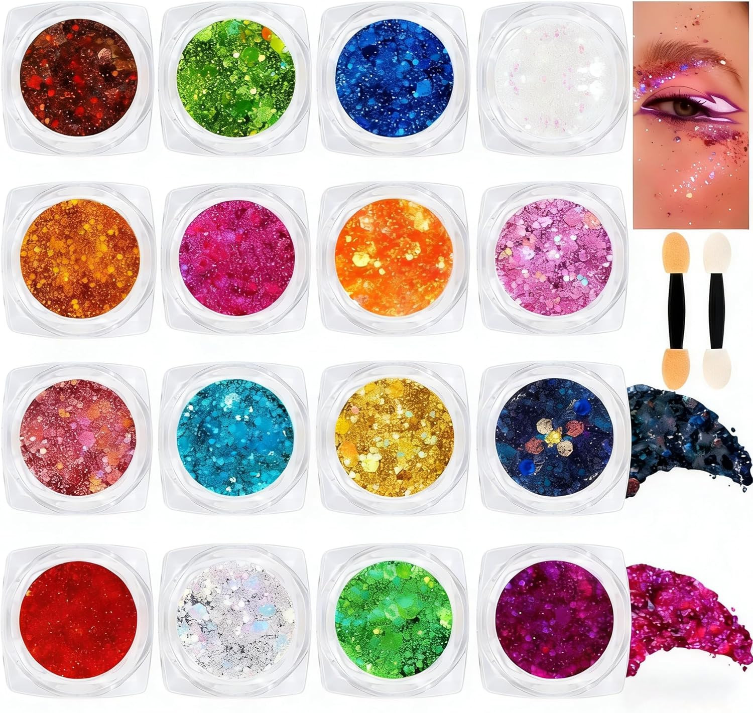 16 Colors Chunky Fine Mixed Holographic Glitter Gel Set for Face and Body Makeup