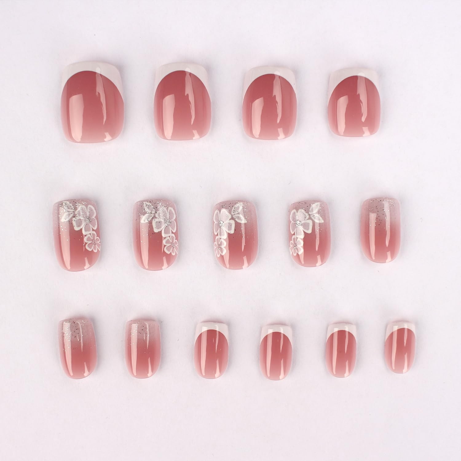 Mivota Short Square Press On Nails Short, 31-White flowers with diamonds