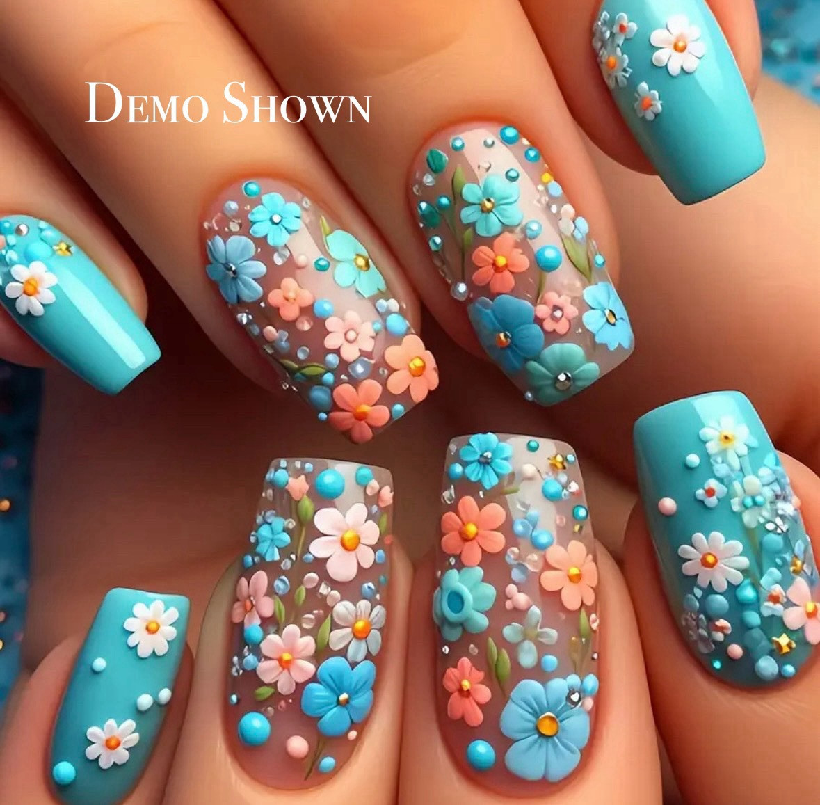Spring Inspired Nail Art Press On , Blue With Mini Floral Prints, 24 pcs New