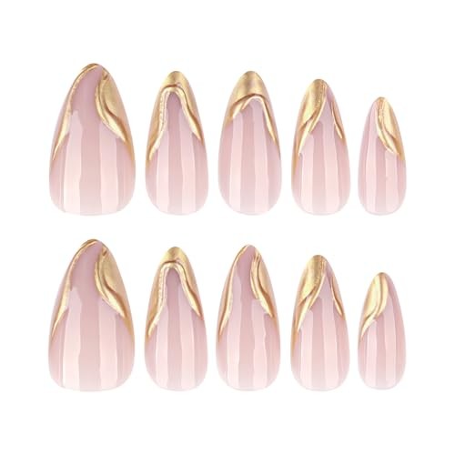 Press on Nails Medium Almond Fake Nails with Designs 3D Gold Gold French Tip