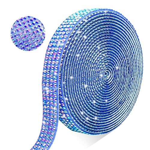 Self Adhesive Rhinestone Ribbon Crystal Strips, 3 Yards Width-0.35 inch Blue AB