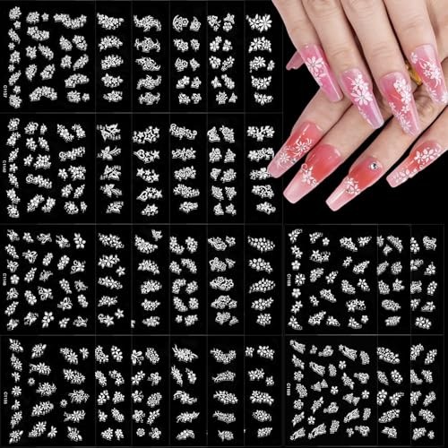 Flower Nail Stickers – 30 Sheets Spring Floral Nail Decals 3D Self White