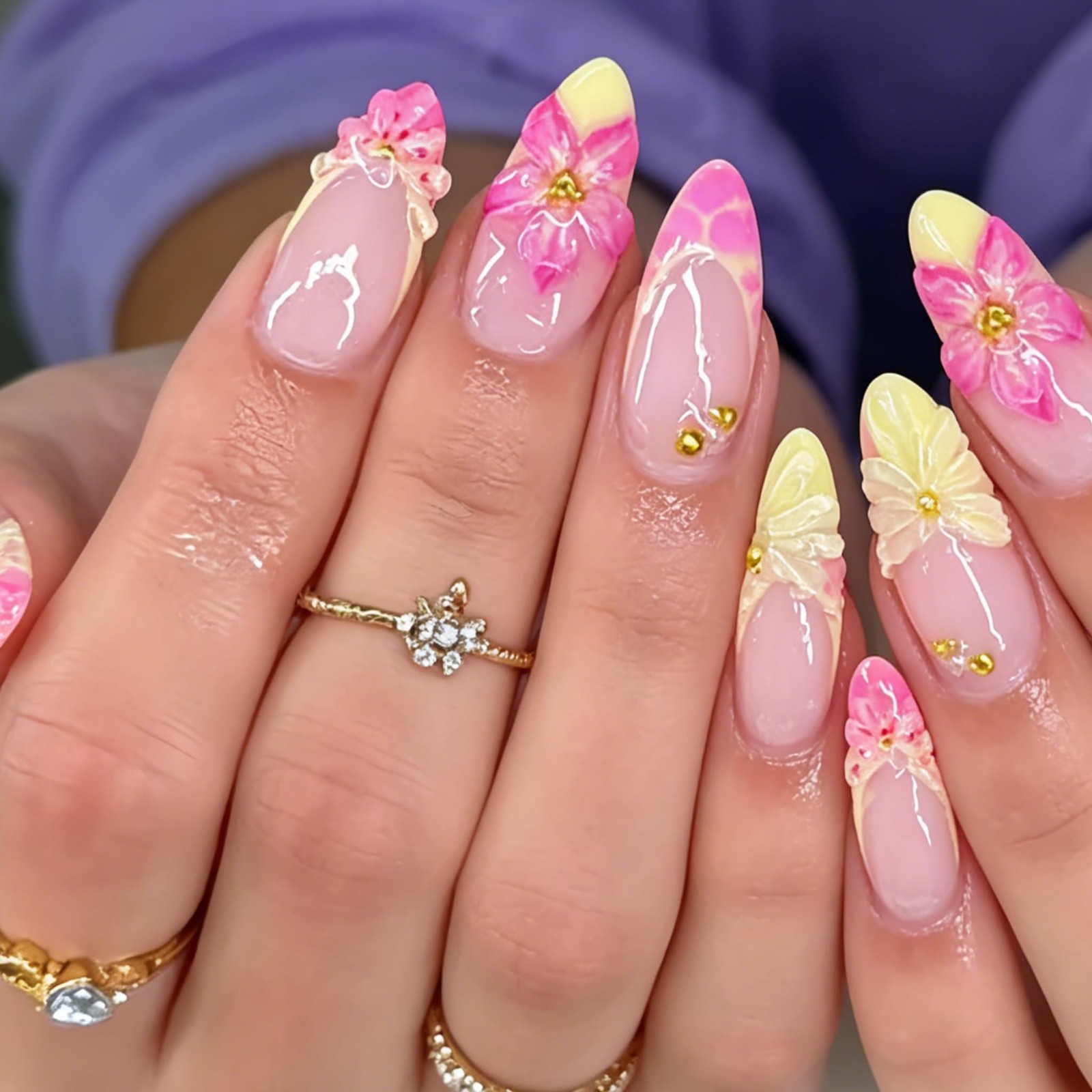 Tephrent Pink Almond Press On Nails Flower Gold