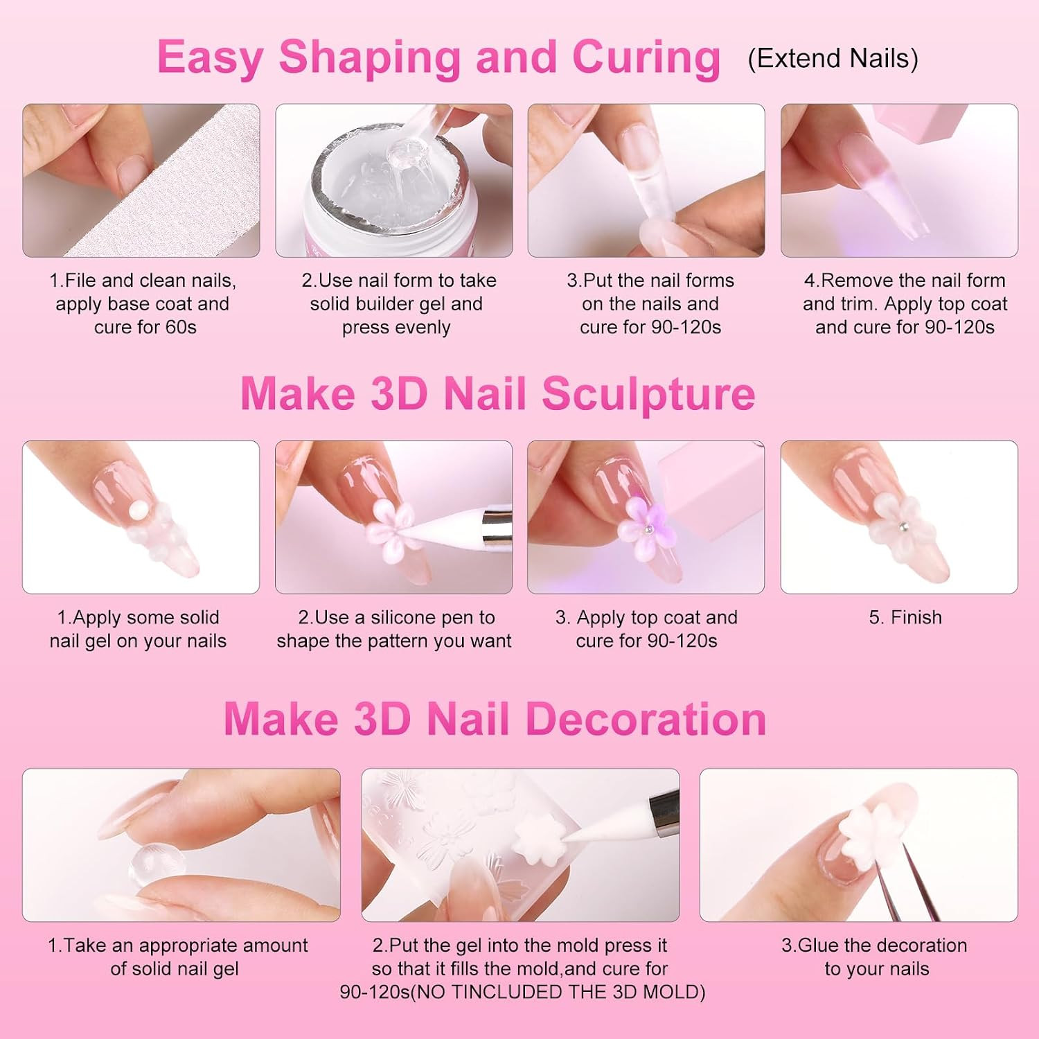 3D Sculpting Gel for Nail Art 2Pcs, White & Clear Solid Builder Gel | Non-Sticky