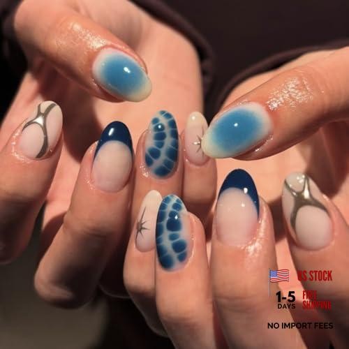 Almond Short Spring Blue Smudge Nails – Style A25 – Press on Nails