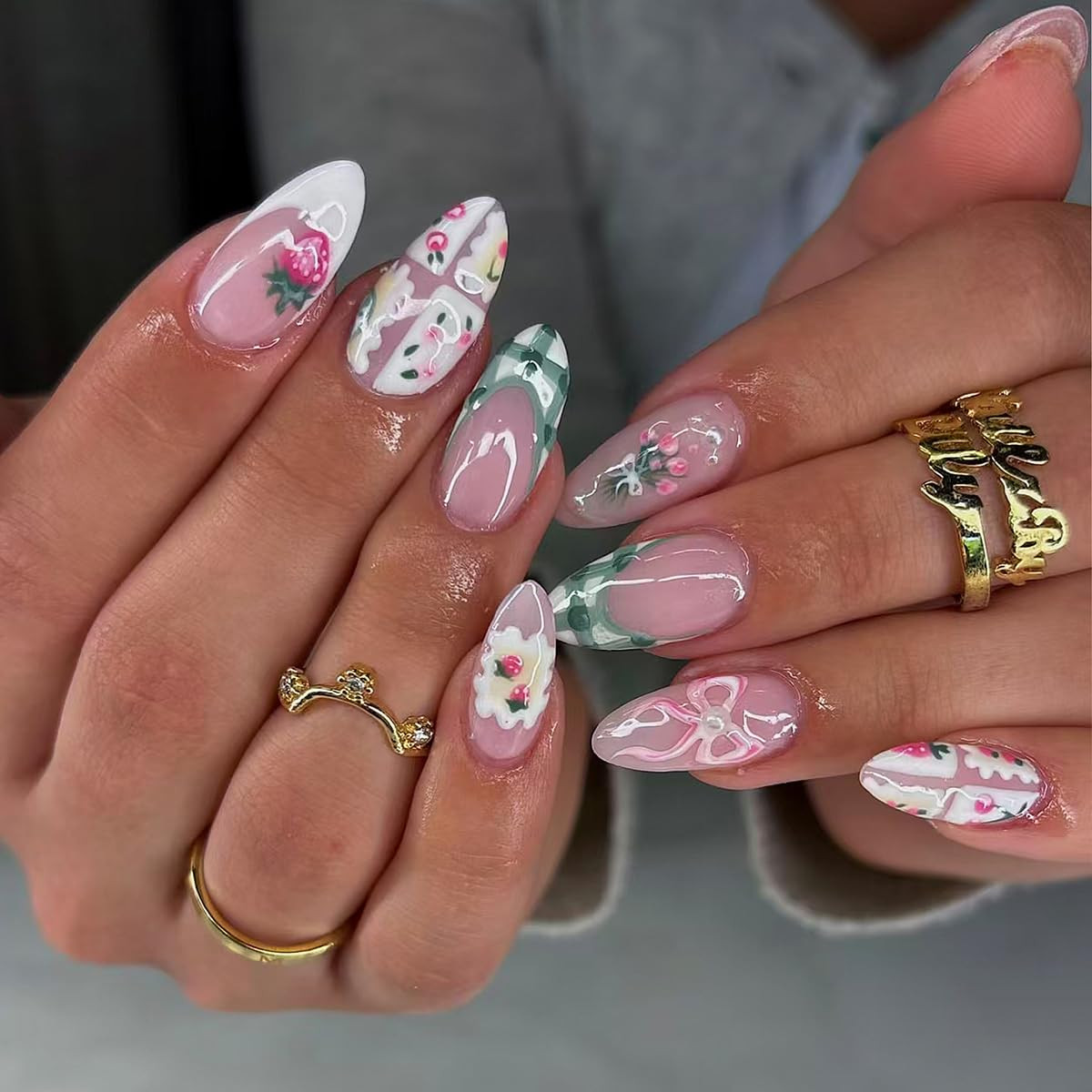 30Pcs Summer Colorful Press on Nails Short Almond Fake Nails with 3D Cartoon Eye