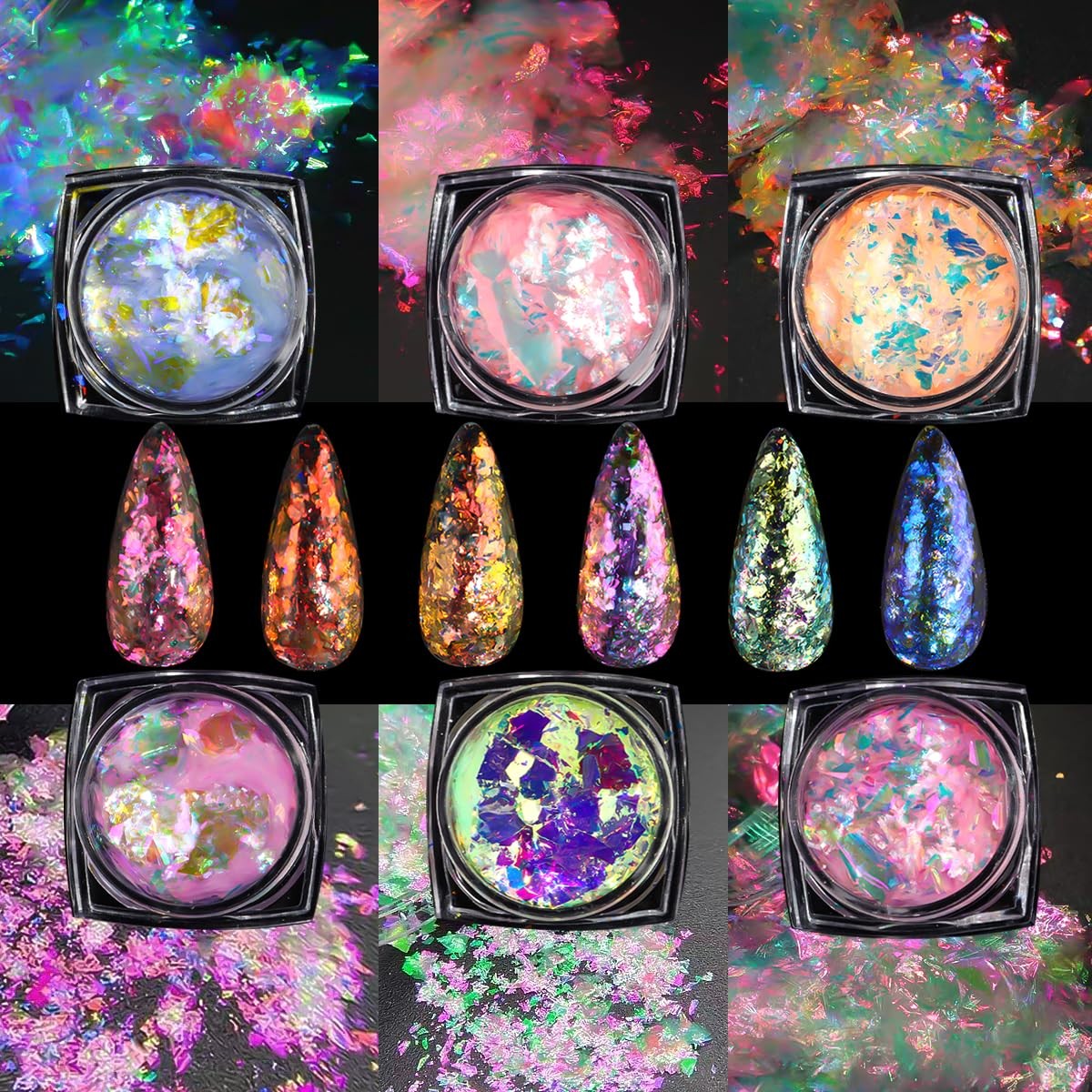 Chameleon Nail Glitter Flakes,6 Colors Ice Transparent Aurora Opal Sequins