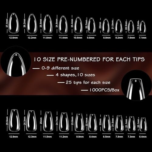 Clear Nail Tips 1000Pcs Full Cover False Nails Acrylic 10 Sizes 4 Shapes Almond