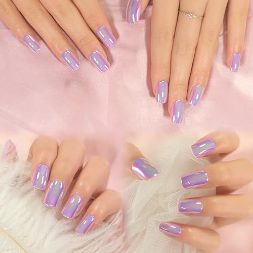 Metallic Mirror Press On Nails Purple False Nails Squoval Medium Lenght Nail