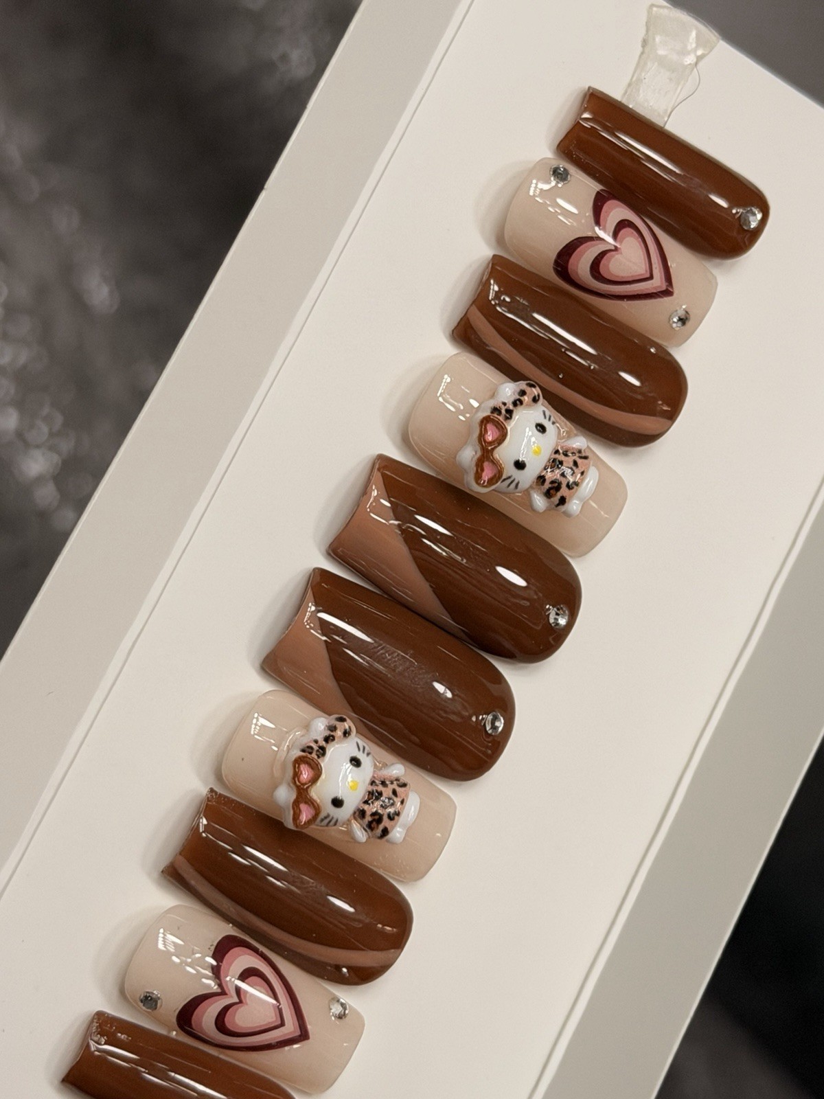 ✨ CUSTOM Press On Nails Brown Nude HELLO KITTY BLING 10p SET W Kit