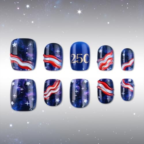 4th of July Press on Nails – Short Square Fake Nails with Starry Sky Nails – 231