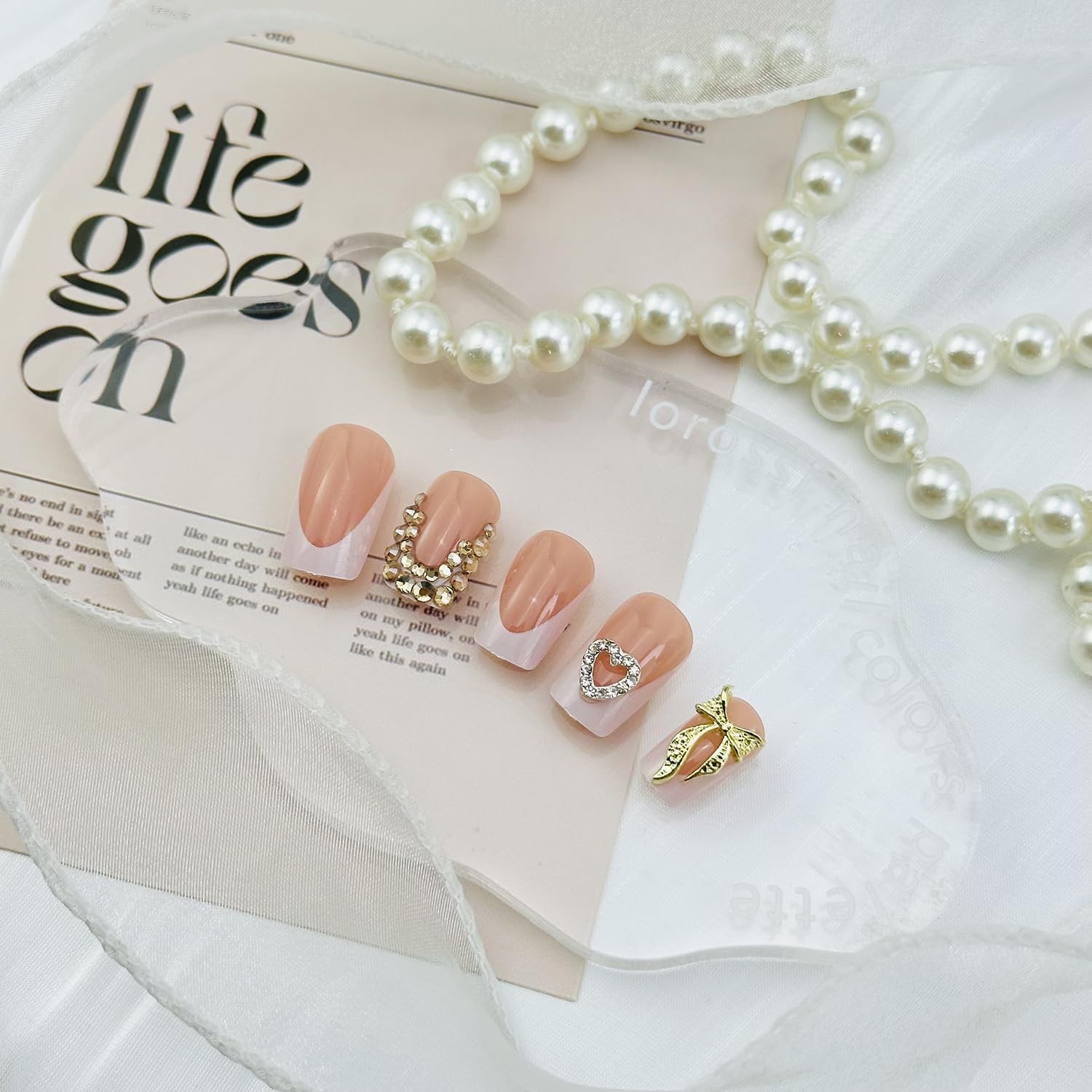 24pcs French Tip Press on Nails Short Square Fake Nails with 3d Heart Bow Dol…