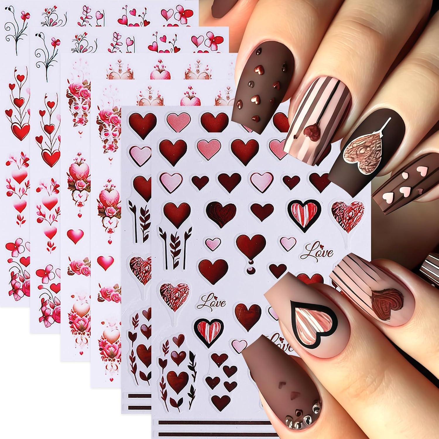 6 Pcs Valentines Day Nail Art Stickers Decals 3D Self-Adhesive Red Rose Love Flo