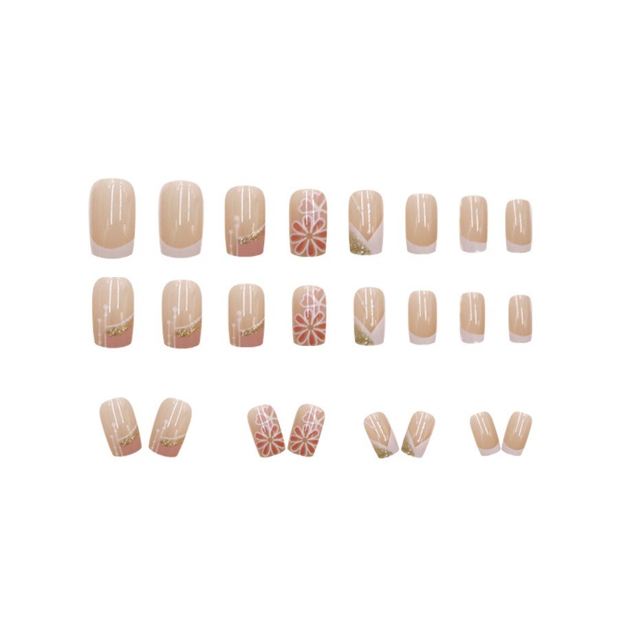 48Pcs-Medium Square Nude White French Flower Gold Tiny Rhinestone Press on Nails