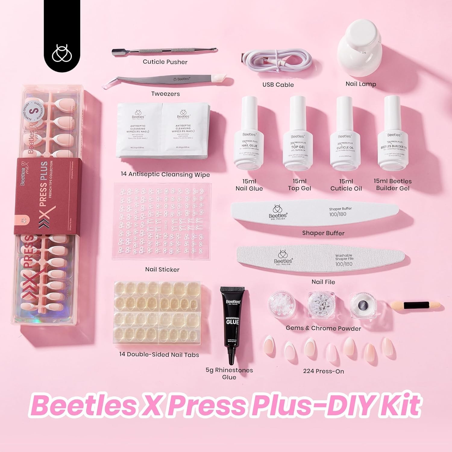 All-in-One Beetles Nail Kit: 224Pcs Short Almond Press-ons with Mini UV Light