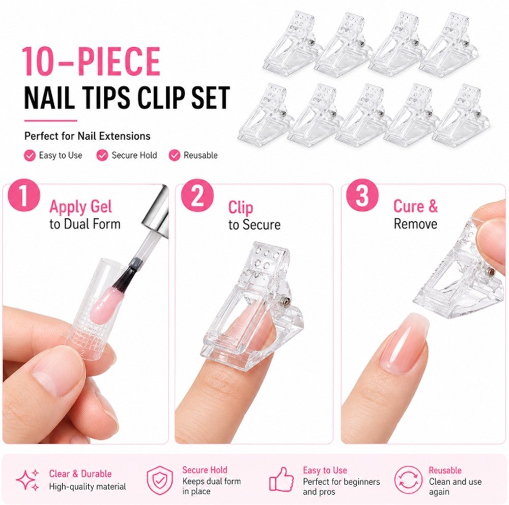 10-Piece Quick Building Nail Tips Clip Set for Poly Builder Gel DIY Extension