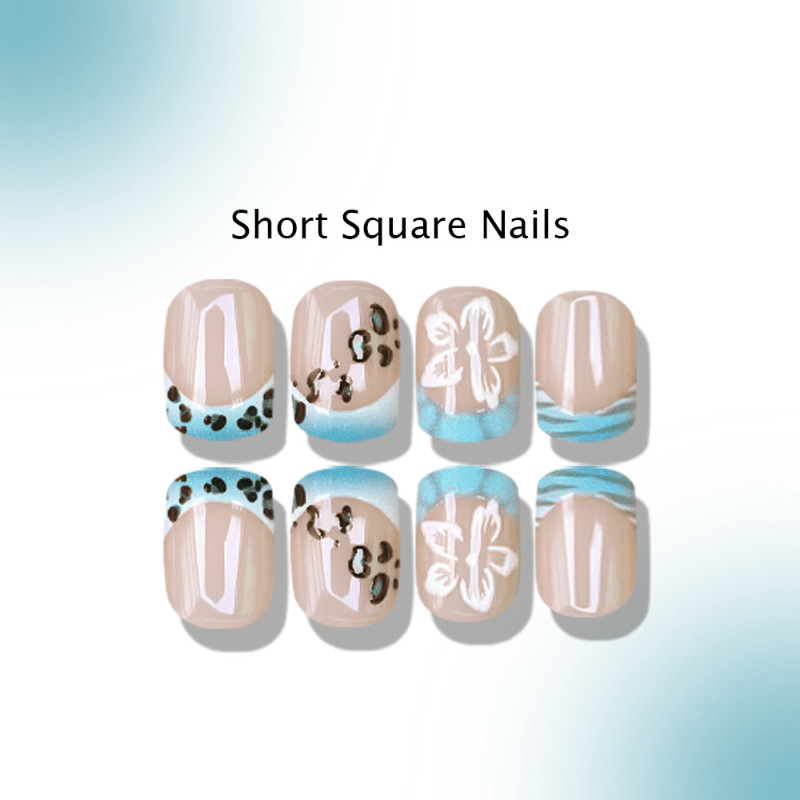 48Pcs Blue Leopard French Floral Coffin Press on Nails,Minimal Trendy Fake Nails