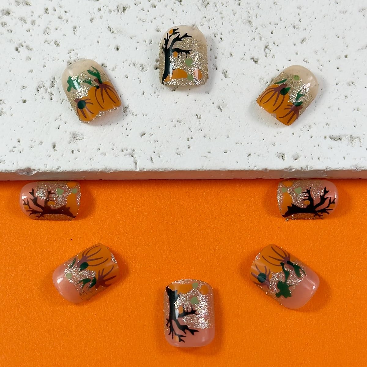 Thanksgiving Press on Nails Short Square Fake Nails Glitter Pumpkin Holiday S…