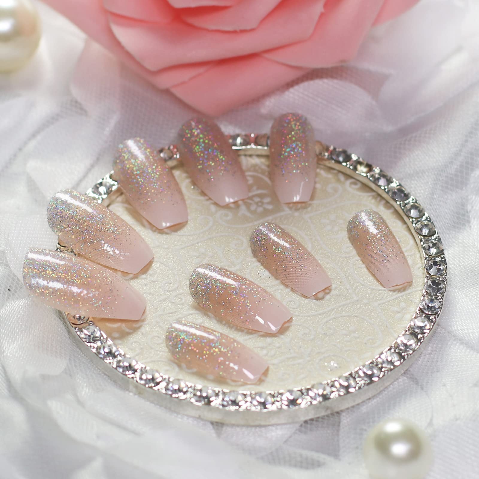 Glossy Nude Pink Gradient Press on Nails, Medium Length Coffin False Nails, B…