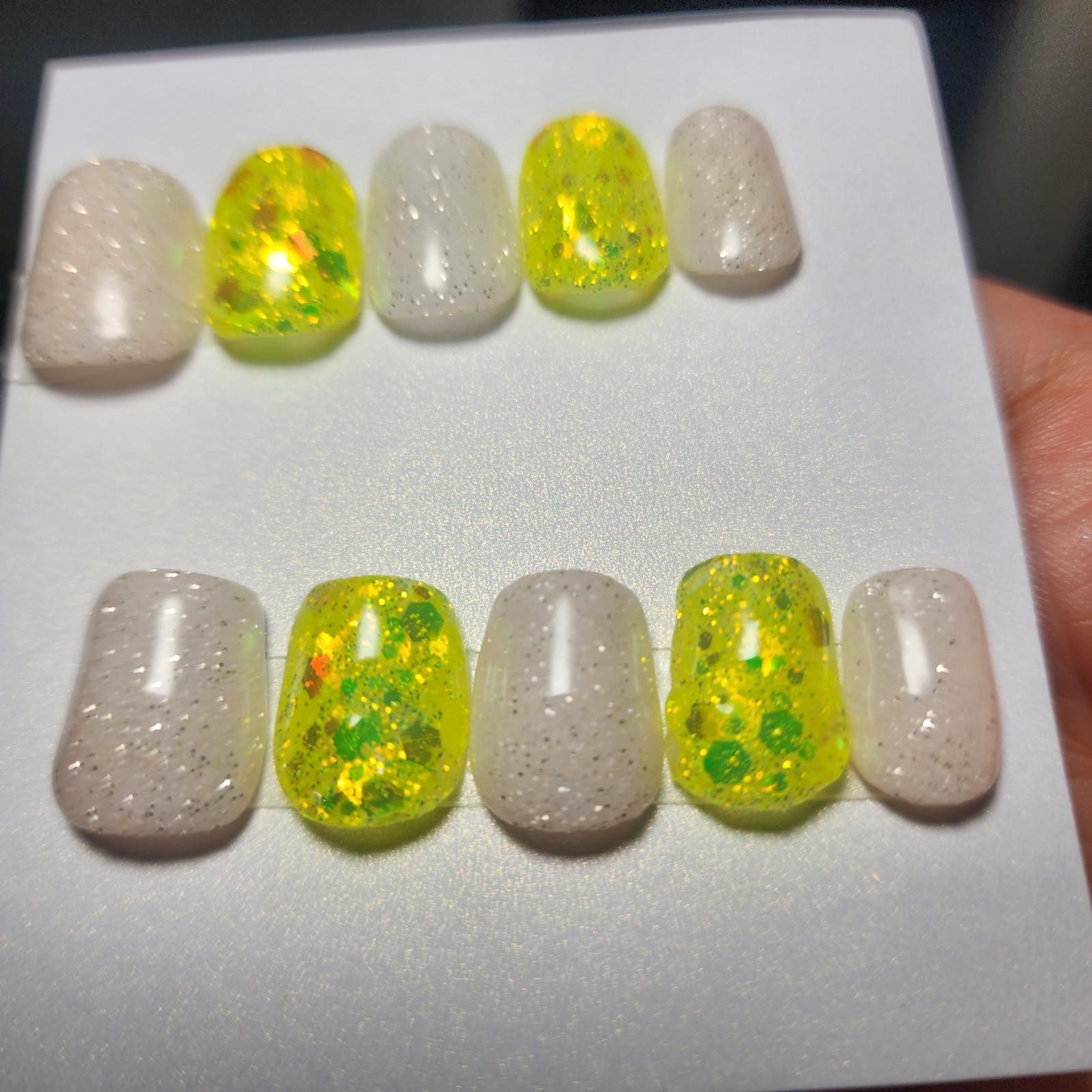 Handmade Acrylic Extra Short Square Press On Nails Medium Size Glitter LemonDrop