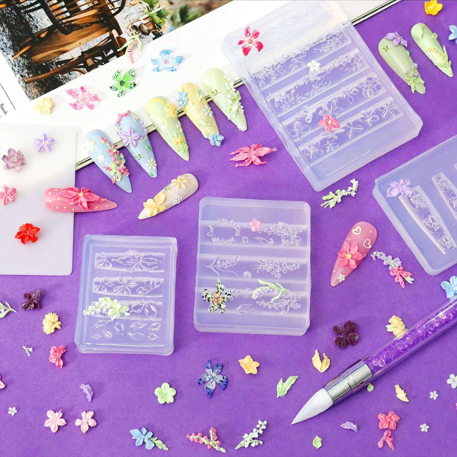 4Pcs Silicone Nail Art Molds, Acrylic 3D Spring Summer Flower Nail Charms Molds
