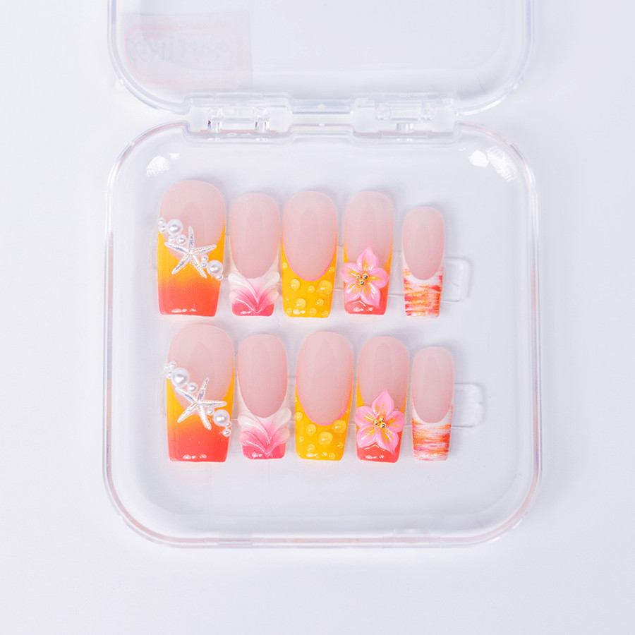 Handmade Orange Pink Gradient Press on Nails Starfish Pearl Glossy Fake Nails