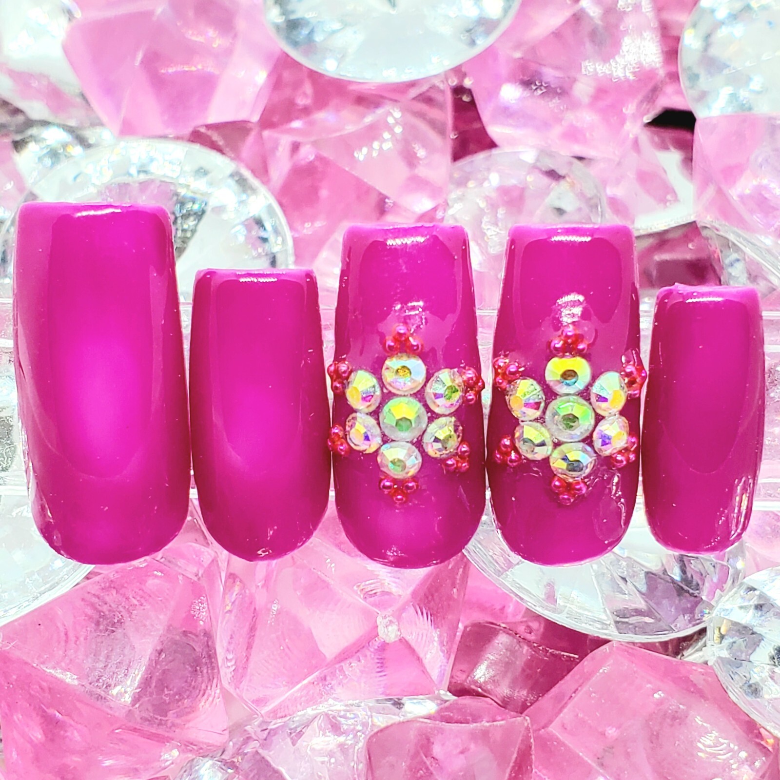Hot Pink To White Color Change Rhinestone Flower Press On Nails Handmade Gel