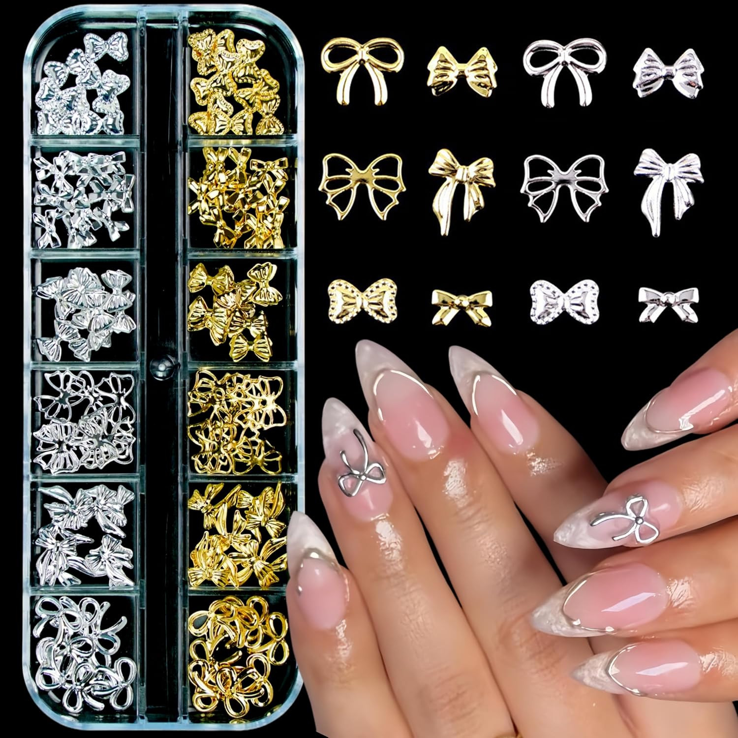 1Box Gold Sliver Bow Nail Charms 12 Designs Assorted 3D Metal Bow Nail Rhineston