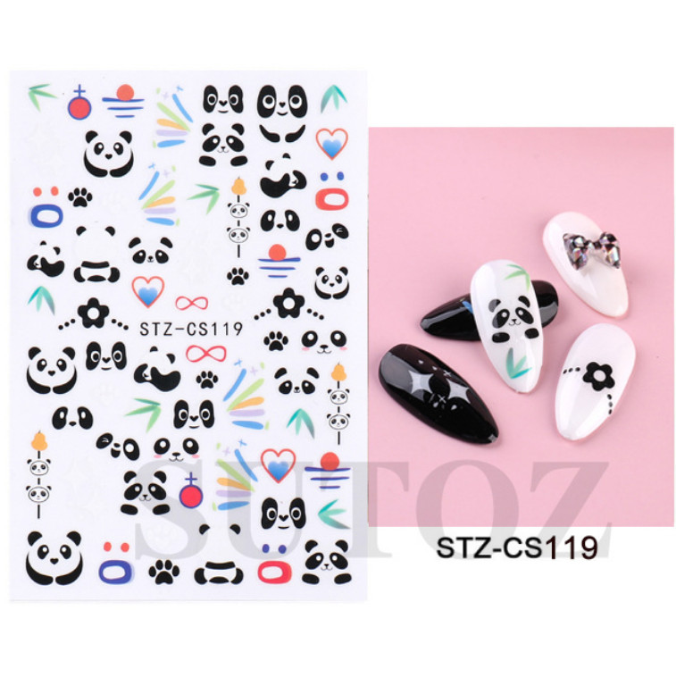 2Pcs Black White Panda Paw Eye French Geometry Lines Nail Sticker Decal DIY NS7