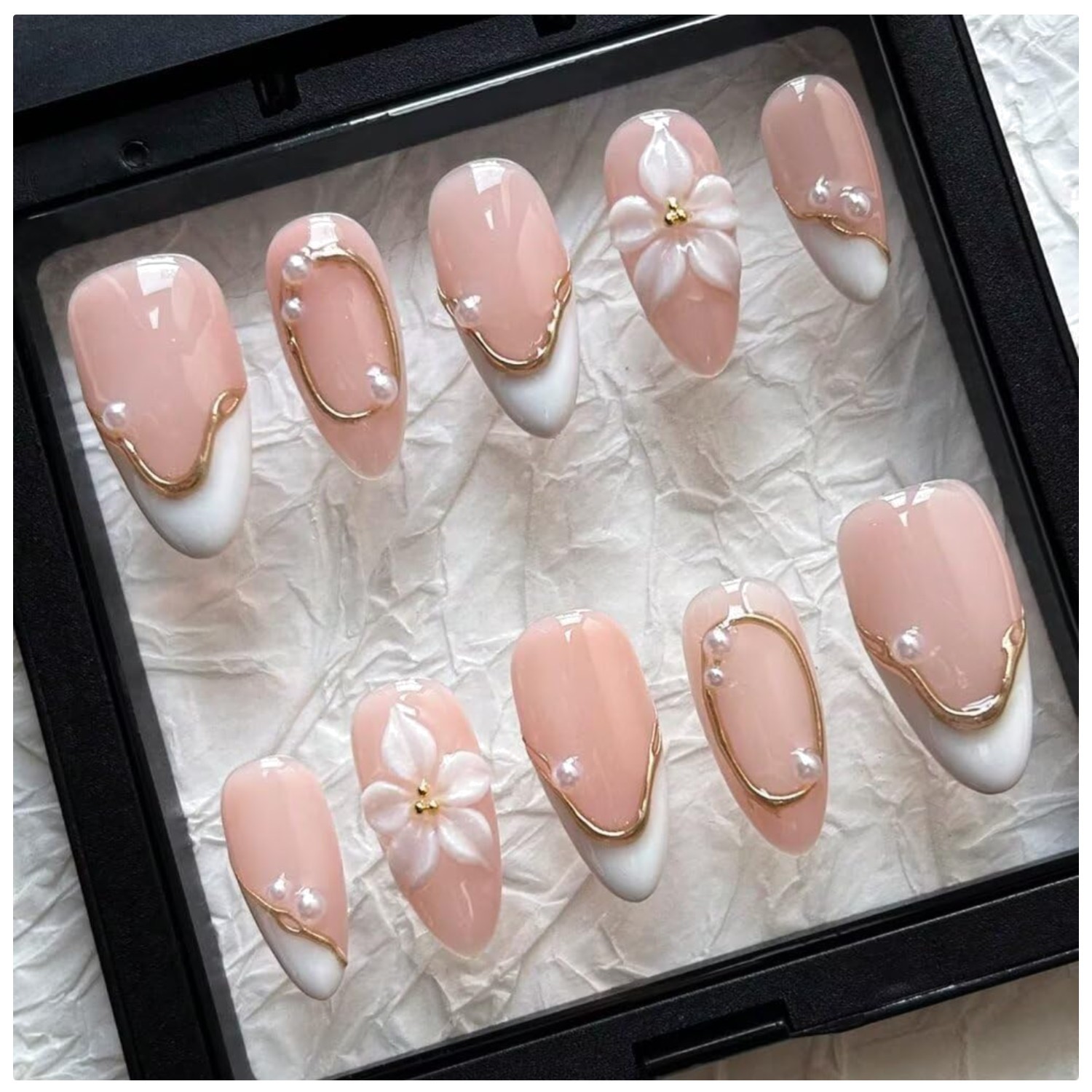 Handmade Almond Spring False Nails, 3D Floral & Pearl Design
