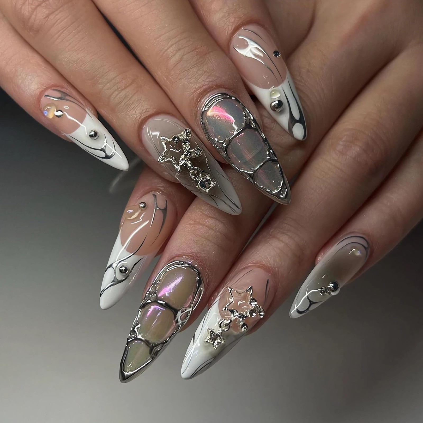 Press on Nails Medium Almond Fake Nails Y2K Sliver Chrome Glue ons French Tip…