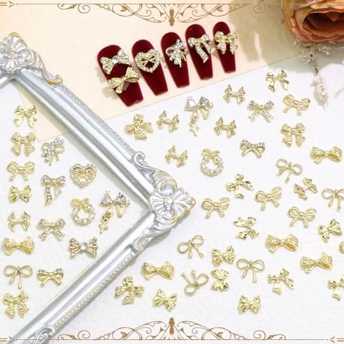 58PCS Bow Nail Charms Gold Charm for Nails Crystal Heart Bowknot Nail Art