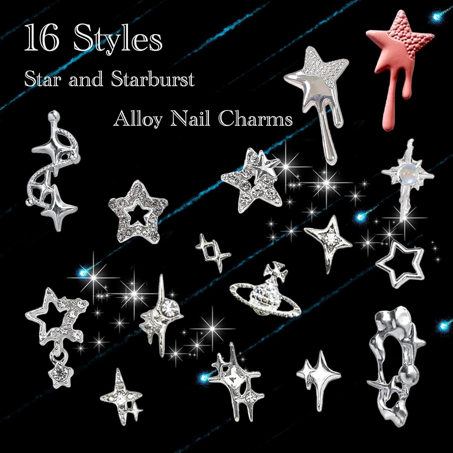 “124PCS Star 3D Nail Charms for Acrylic Nails, Silver Nail Gems Alloy Starburst
