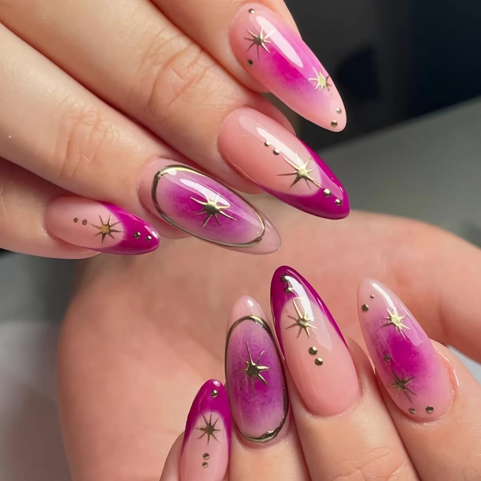 Press on Nails – Medium Almond Fake Nails with Dark Purple French Tip, Acryli…