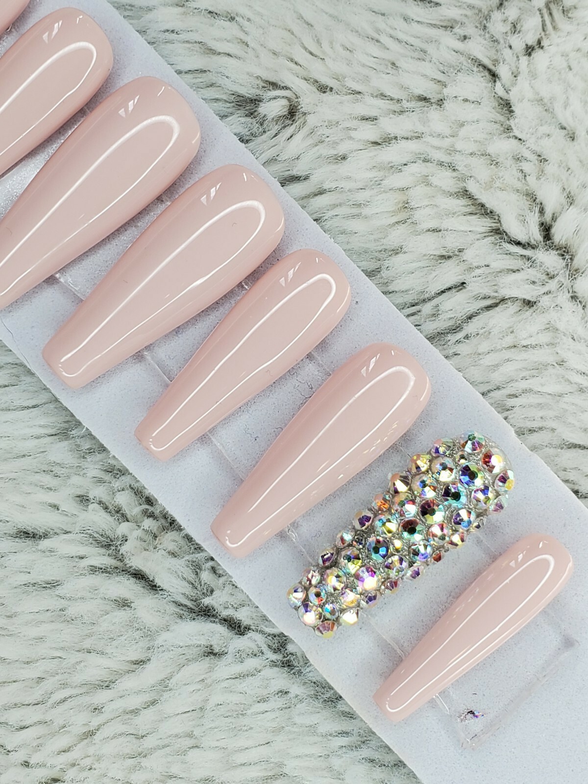 Rosy Nude bling press on nails tan neutral nude peach long tapered ballerina