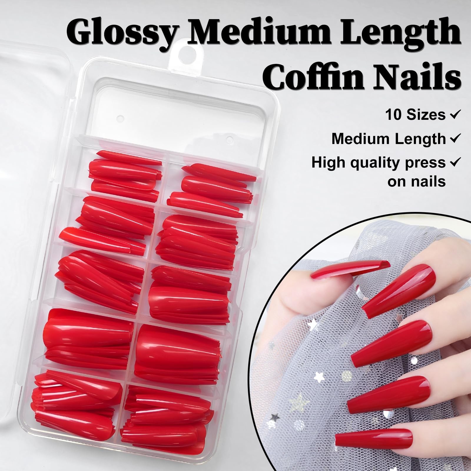 Lifextol 120pc Coffin Press on Nails Medium Length Colored Long Ballerina Red…