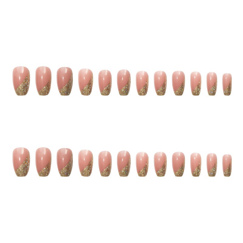 72Pcs-Short Square Peach Glitter French Tip Art Design Press on Nails