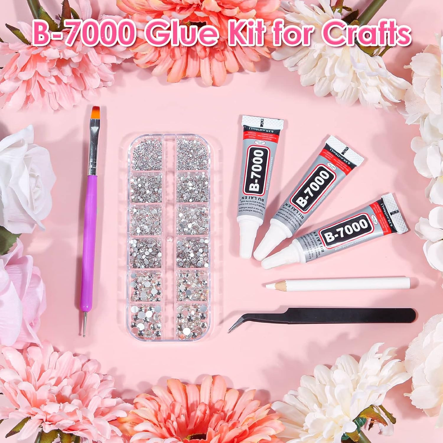 B7000 Jewelry Adhesive Glue with Glass Rhinestones for Crafts, 2100Pcs Flat Back