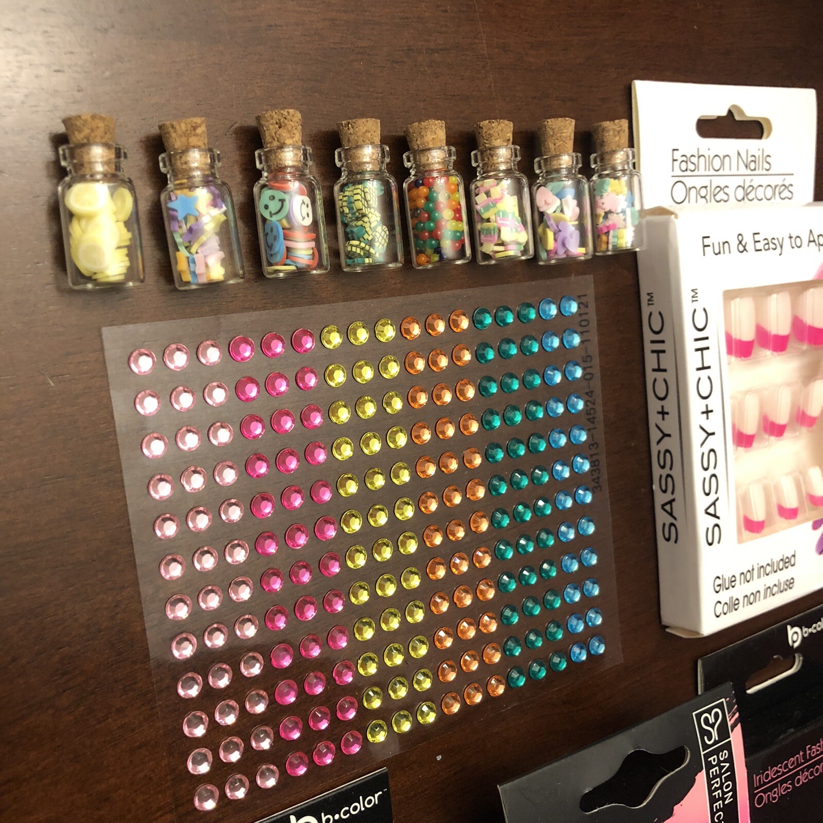 NAIL ART LOT 4 X SETS PRESS ON NAILS Polish Gems Food Miniatures Acrylic Jewels