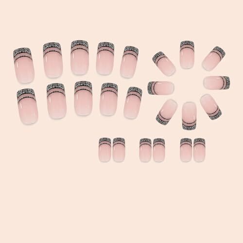Black French Tip Press on Nails Short Square Fake Nails with Design Style014