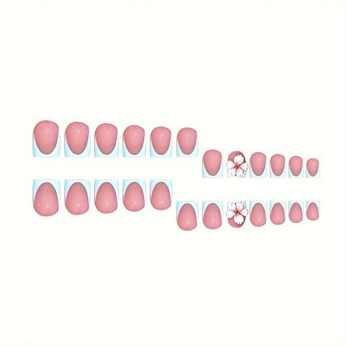24 Pcs Floral Press on Nails Blue French Tip Fake Nails Extra Short Style 18