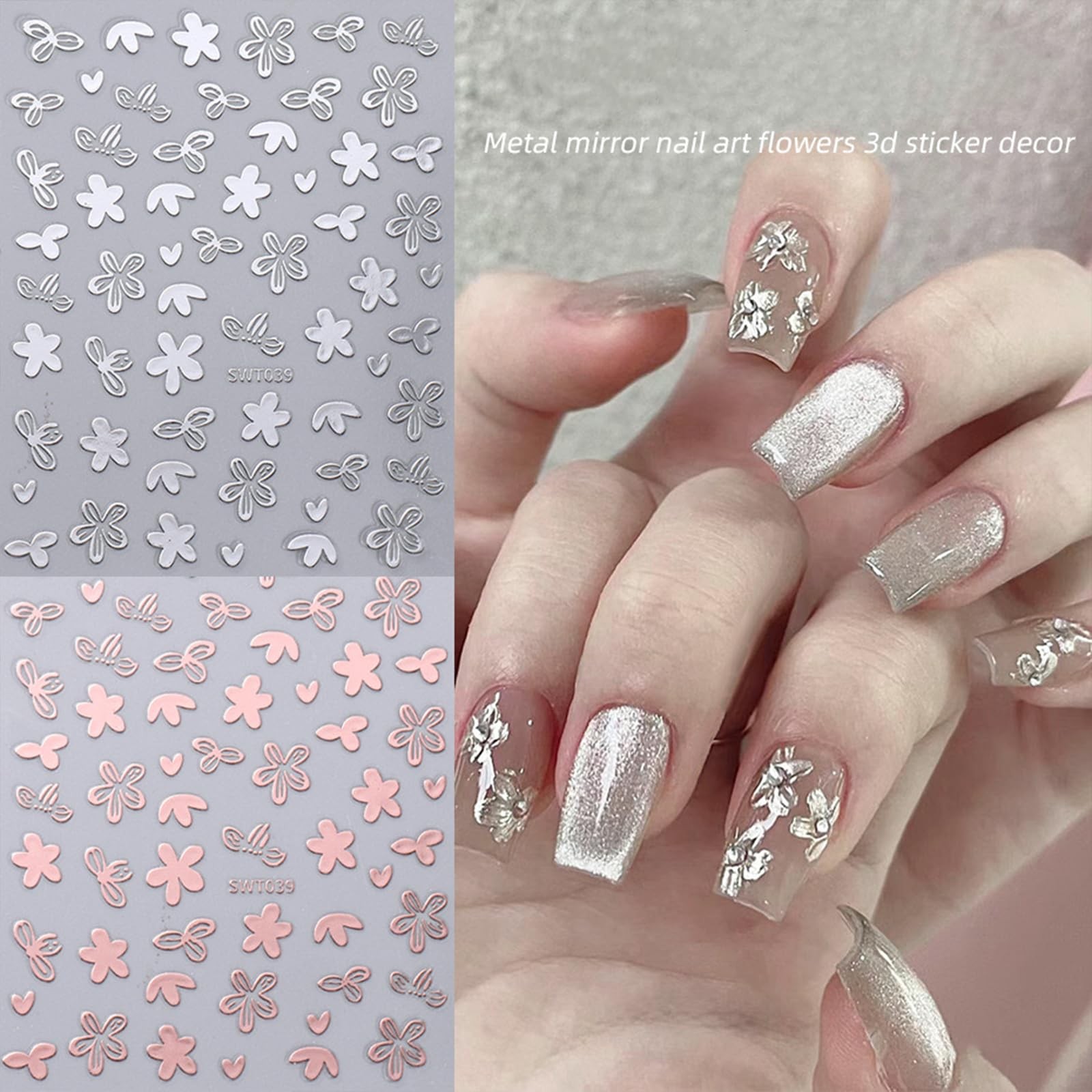 8pcs Gold Flower Leaf Nail Art Stickers 3D Self-Adhesive Metallic Nail Decals…