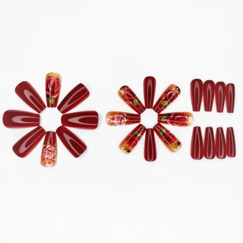 48 Elegant Red Rose Ballet Style Nails with Complex Floral Patterns for Nail Art
