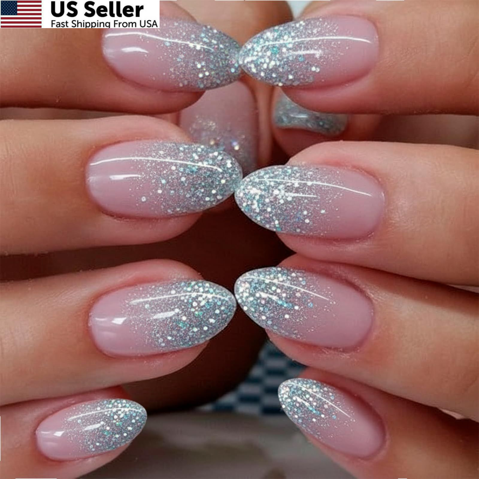 CurvLife Press On Nails Medium Almond Apricot – 30pcs Medium, glitter nails