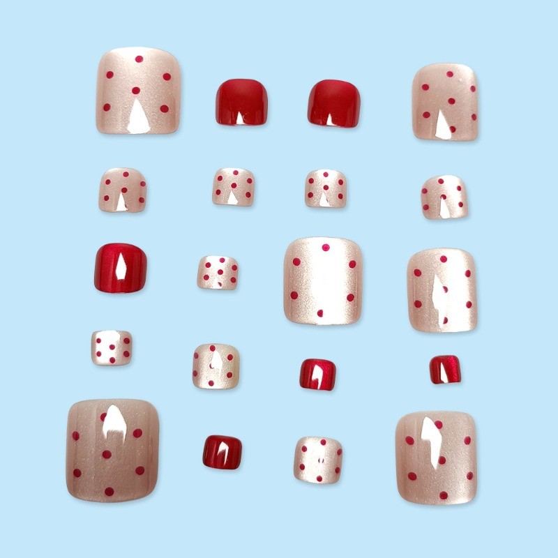 48Pcs-Short Square Press on Toenails Wine Red Silver Cat Eye Red Dot Fake Nails